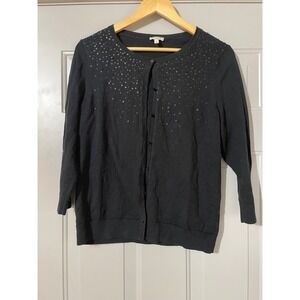 Talbots Cardigan Women Medium Black Good Sequin Beaded 3/4 Sleeve Cotton Knit